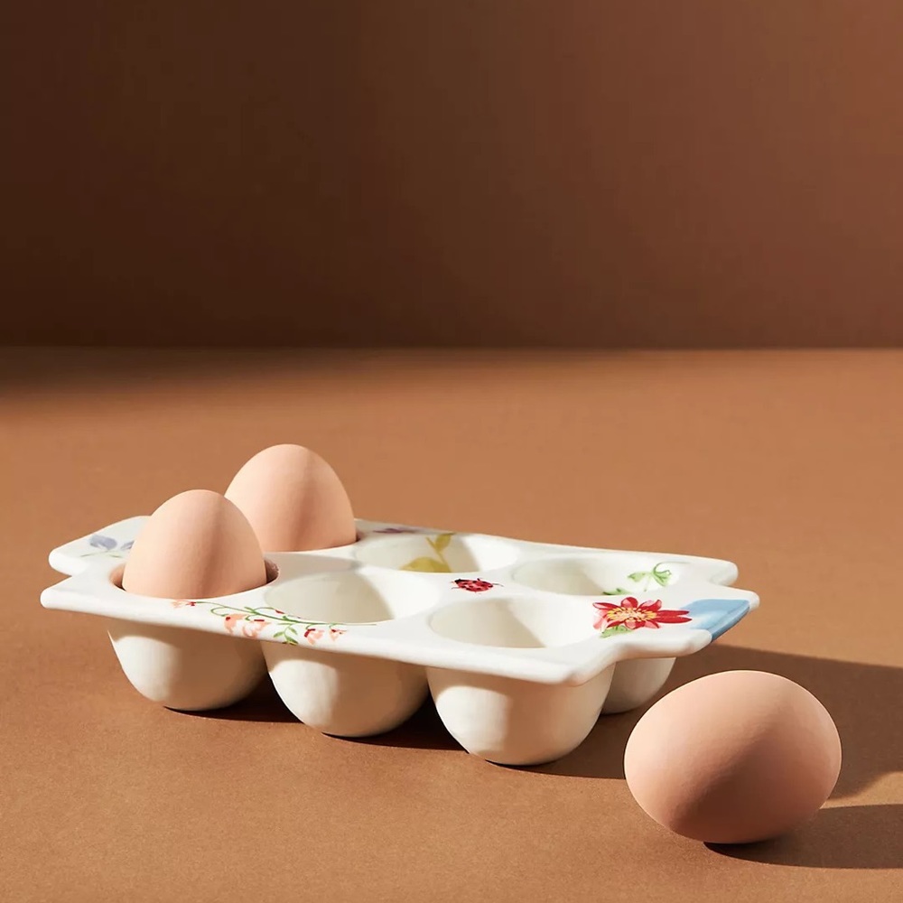 Anthropologie Floral Ceramic Egg Tray in White with Multicolor Flower Accents